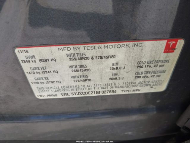 2016 TESLA MODEL X 5YJXCDE21GF027694 Photo 8