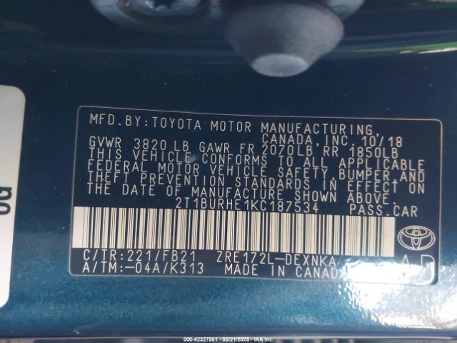 2T1BURHE1KC187534 Toyota COROLLA LE