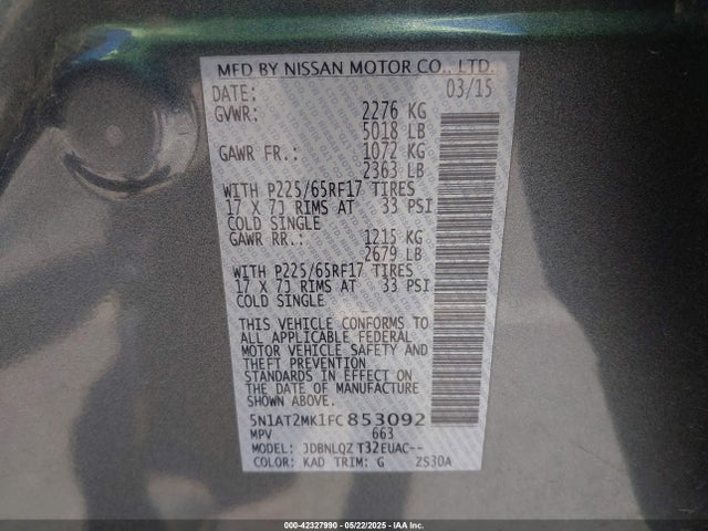 Nissan ROGUE SV 2015 5N1AT2MK1FC853092 Image 9