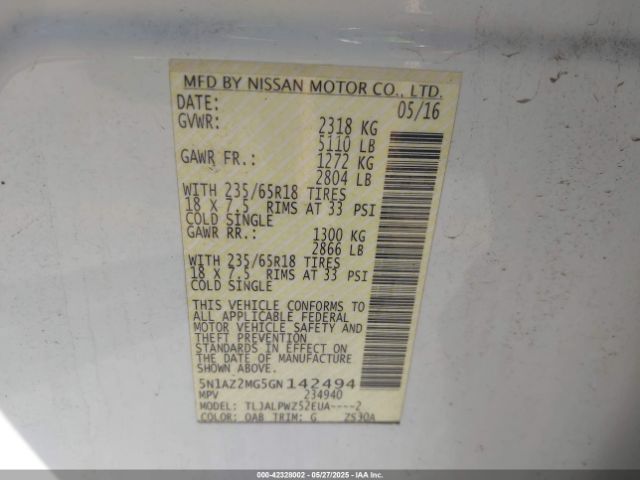 5N1AZ2MG5GN142494 Nissan MURANO S