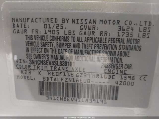 3N1CN8EV4SL839191 Nissan Versa 1.6 Sv