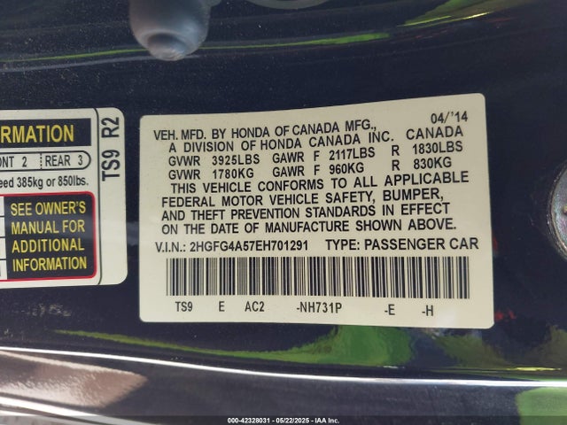 2HGFG4A57EH701291 Honda k24z7