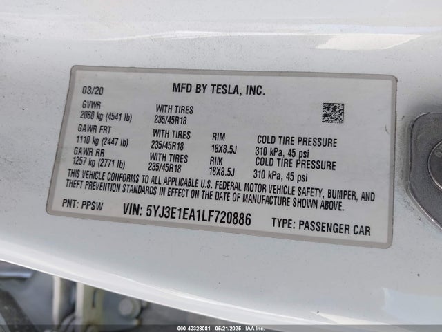 2020 TESLA MODEL 3 5YJ3E1EA1LF720886 Photo 8