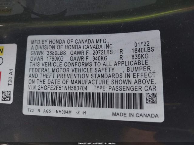 2HGFE2F51NH563704 Honda Civic Sport
