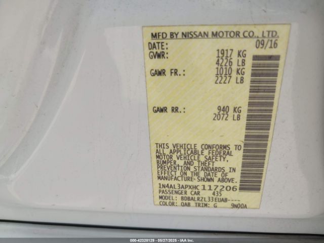 1N4AL3APXHC117206 Nissan Altima 2.5/2.5 S/2.5 Sl/2.5 Sr/2.5 Sv