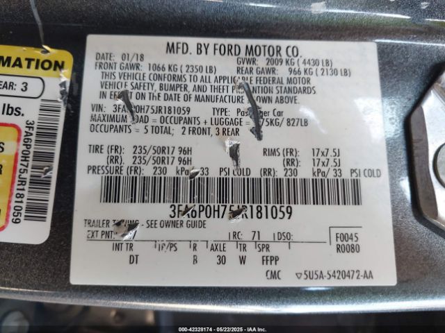 3FA6P0H75JR181059 Ford Fusion