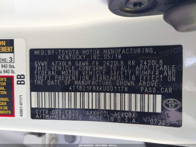 4T1B21FBXKU001178 Toyota Avalon Hybrid Limited/xle/xse