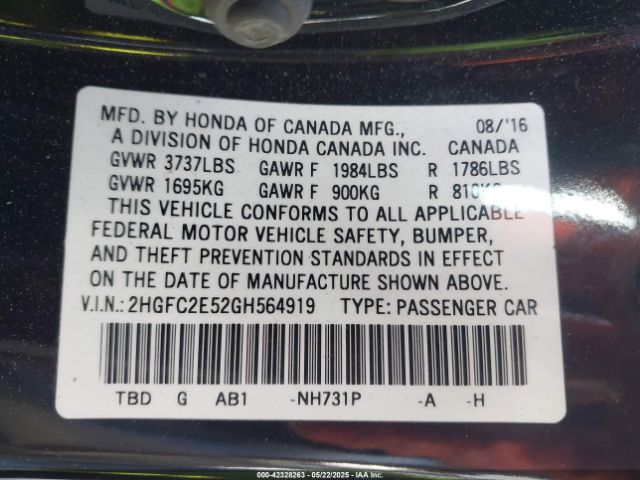 2HGFC2E52GH564919 Honda Civic Lx