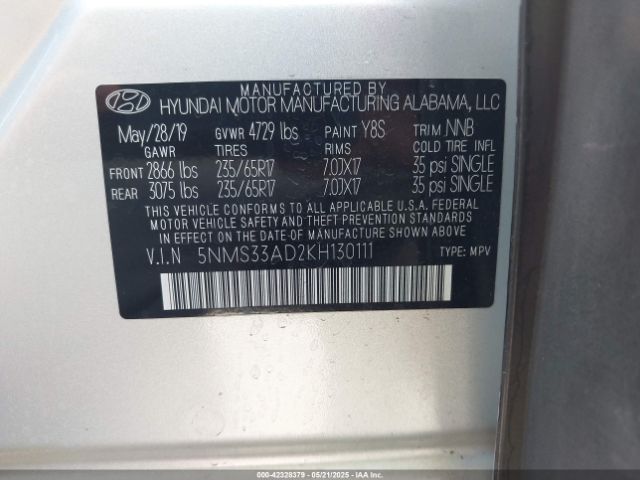 5NMS33AD2KH130111 Hyundai Santa Fe Sel