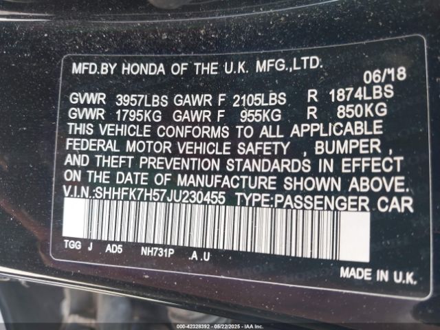 SHHFK7H57JU230455 Honda CIVIC EX