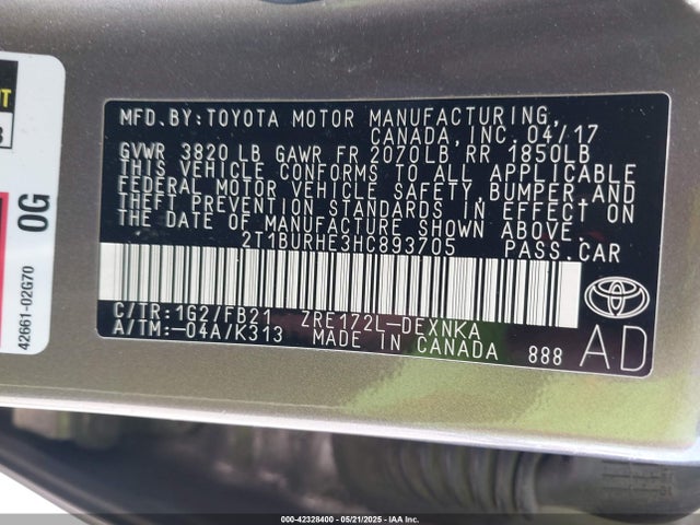 2T1BURHE3HC893705 Toyota 2zr-fe