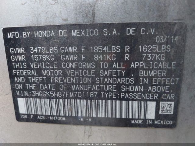 3HGGK5H87FM701187 Honda Fit Ex/ex-l