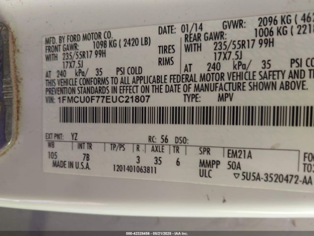 1FMCU0F77EUC21807 Ford ESCAPE S