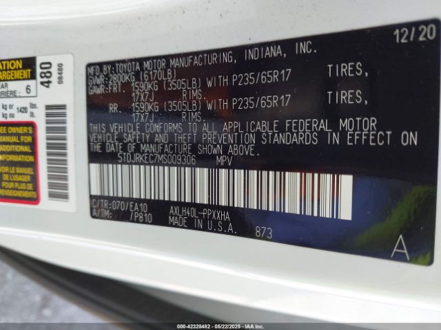 5TDJRKEC7MS009306 Toyota SIENNA XLE