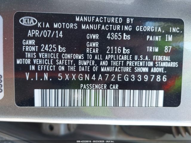 5XXGN4A72EG339786 KIA OPTIMA EX