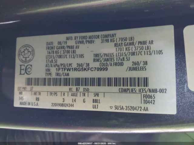 1FTFW1RG5KFC70999 Ford F-150 Raptor