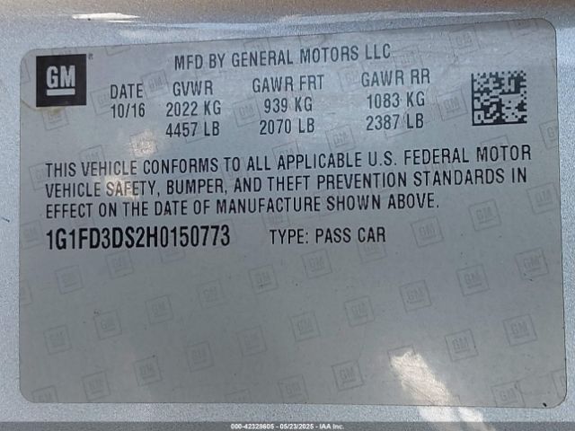 1G1FD3DS2H0150773 Chevrolet lgx - di: direct injection, vvt: variable valve timing, alum, gen 2