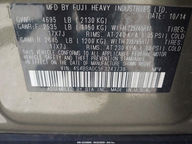4S4BSADC5F3243738 Subaru Outback 2.5i Premium