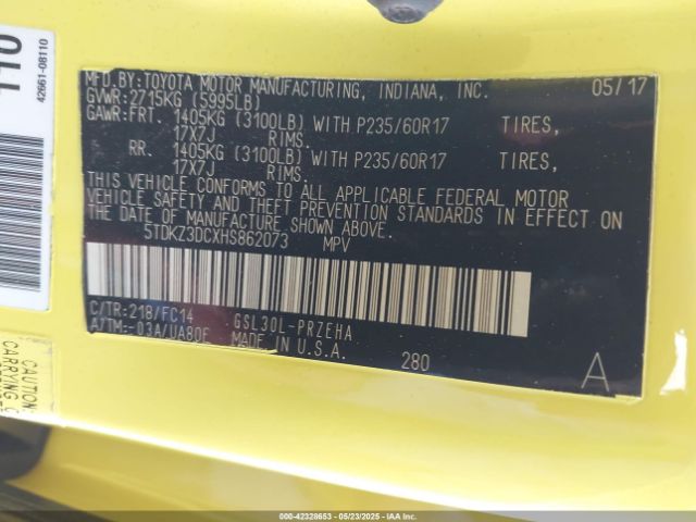5TDKZ3DCXHS862073 Toyota Sienna Le 8 Passenger