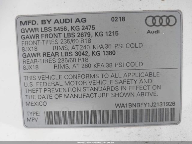 WA1BNBFY1J2131926 Audi Q5 2.0t Premium/2.0t Tech Premium