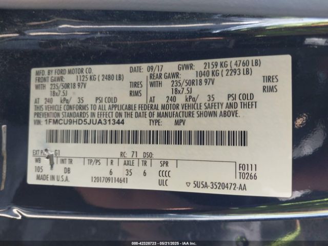 1FMCU9HD5JUA31344 Ford ESCAPE SEL