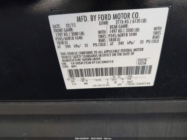 1FM5K7D81FGC06013 Ford EXPLORER XLT