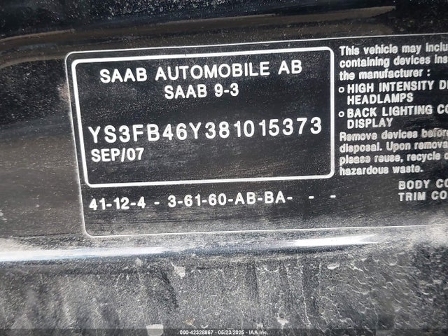 Продаж на аукціоні авто 2008 Saab 9-3 2.0t, vin: YS3FB46Y381015373, номер лоту: 42328867