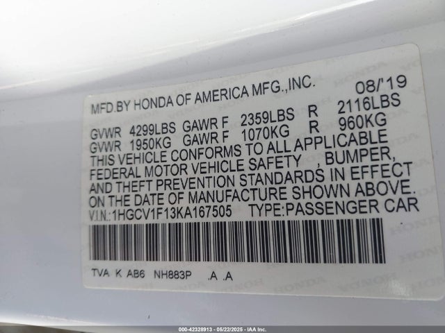 1HGCV1F13KA167505 Honda ACCORD LX