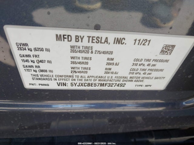 2021 TESLA MODEL X 5YJXCBE57MF327492 Photo 8