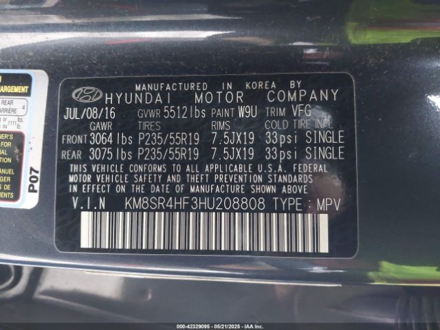 KM8SR4HF3HU208808 Hyundai Santa Fe Limited Ultimate