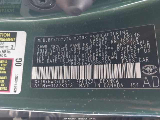 2T1BURHE4GC699103 Toyota Corolla Le Plus