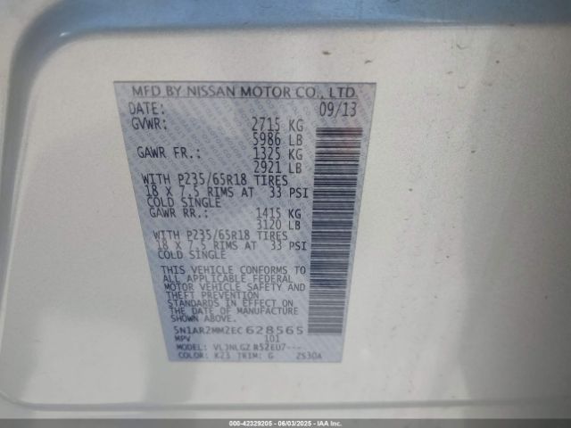 5N1AR2MM2EC628565 Nissan Pathfinder Sl