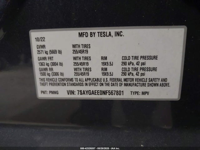 2022 TESLA MODEL Y 7SAYGAEE0NF567801 Photo 8