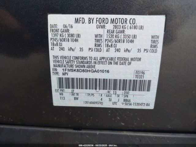 1FM5K8D80HGA01016 Ford EXPLORER XLT