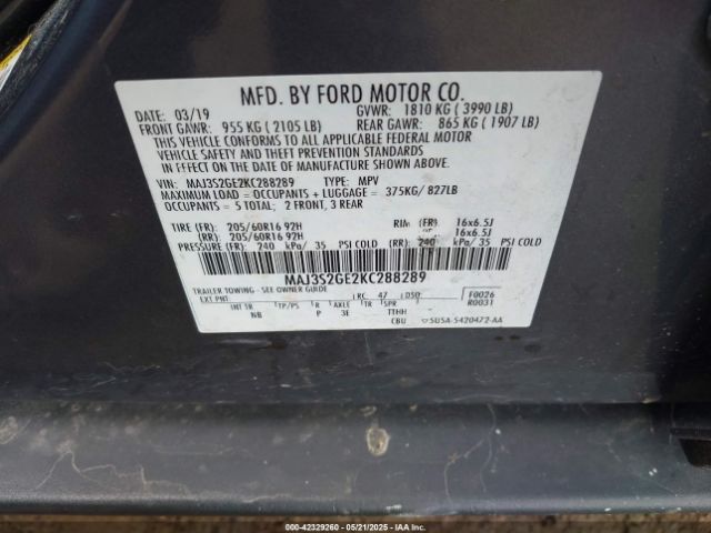 MAJ3S2GE2KC288289 Ford Ecosport Se