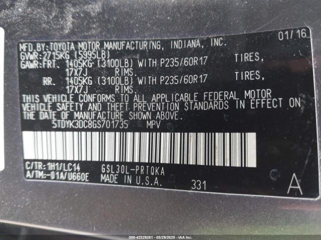 5TDYK3DC8GS701735 Toyota Sienna Xle 8 Passenger