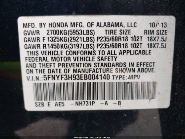 5FNYF3H93EB004140 Honda Pilot Touring