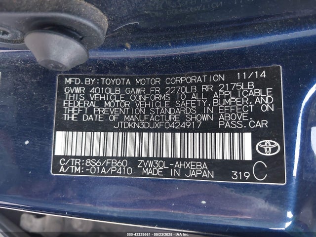 JTDKN3DUXF0424917 Toyota 2zr-fxe+3jm