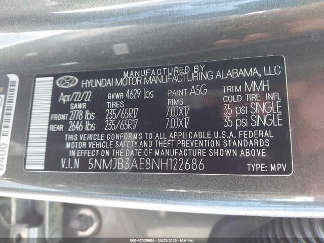 5NMJB3AE8NH122686 Hyundai gdi theta iii