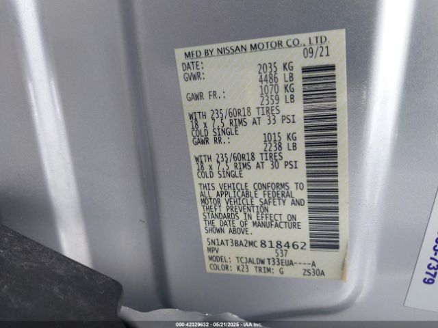 5N1AT3BA2MC818462 Nissan Rogue Sv Fwd