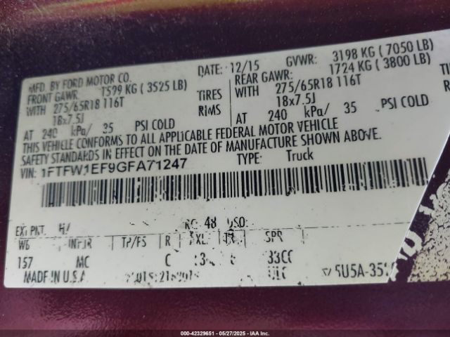 1FTFW1EF9GFA71247 Ford F-150 Xlt