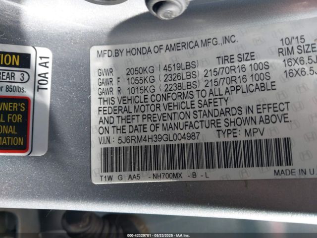 5J6RM4H39GL004987 Honda CR-V LX