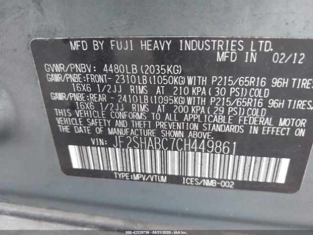 2012 SUBARU FORESTER JF2SHABC7CH449861 Photo 8