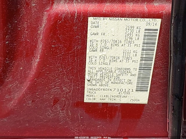 1N6AD0FR0FN710121 Nissan Frontier Sv