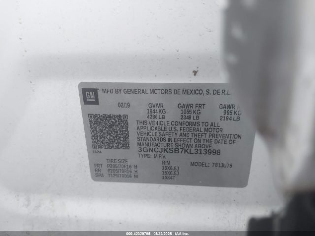 3GNCJKSB7KL313998 Chevrolet TRAX LS