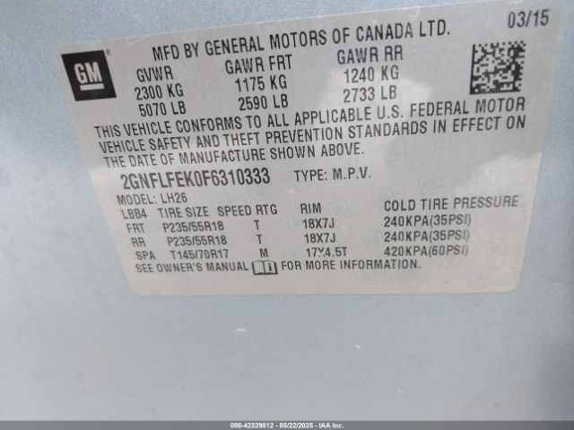 2GNFLFEK0F6310333 Chevrolet lea - flex fuel (gas/alc), aluminum, ho,