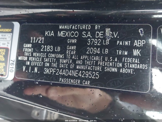 3KPF24AD4NE429525 KIA Forte Lxs