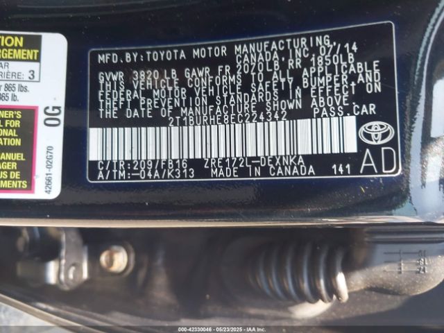 2T1BURHE8EC224342 Toyota Corolla L/le/le Plus/le Premium/s/s Plus/s Premium