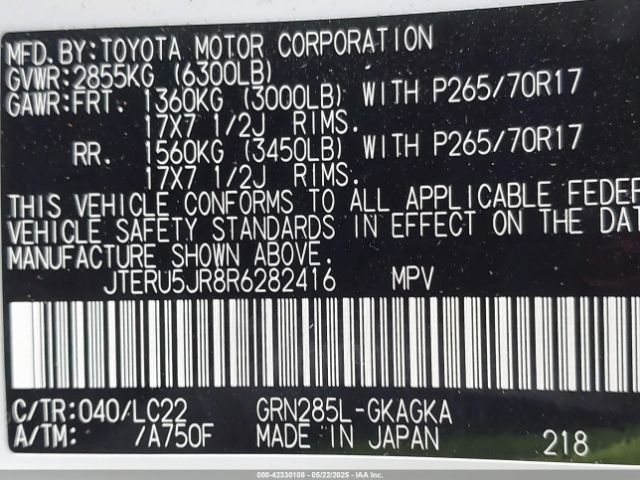 JTERU5JR8R6282416 Toyota 4runner Trd Off Road Premium