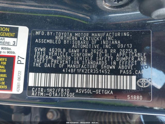 4T4BF1FK2ER351452 Toyota 2ar-fe
